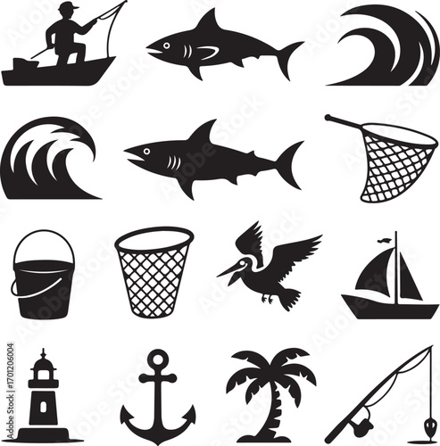 Nautical And Fishing Silhouettes With Boat Lighthouse And Pelican Keywords: nautical, fishing