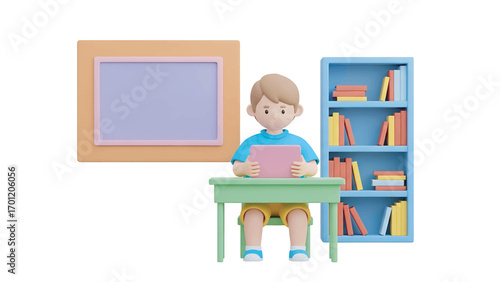 Boy studies with tablet at desk in classroom near bookcase, showcasing learning and education in a bright, cheerful setting.