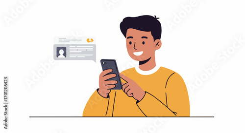 Smiling young man happily engaging with his smartphone, receiving social media notifications or messages, representing digital communication and online interaction.
