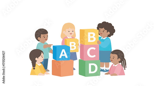 Children building tower with alphabet blocks in bright playroom, learning letters and developing skills through playful interaction, creating cheerful atmosphere.