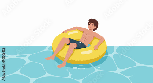 Relaxed young man enjoying summer, floating casually on a bright yellow inflatable ring in a clear blue swimming pool.