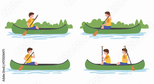 Flat design vector set of people canoeing: single individuals and a couple enjoying paddle sports on the water, surrounded by nature.