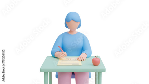 Student taking a test at her desk in a classroom with an apple nearby, showcasing focus and concentration during exam time.