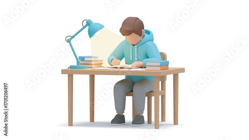 Student studies diligently at wooden desk under bright lamp, surrounded by books, creating a focused and productive atmosphere.