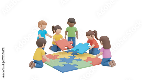 Children collaborate on completing a colorful puzzle together on a white surface, symbolizing teamwork and problemsolving with a positive and collaborative atmosphere.
