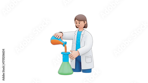 Female scientist pours orange liquid into a green flask in a laboratory, conducting an experiment with precision and focus, showcasing scientific research.