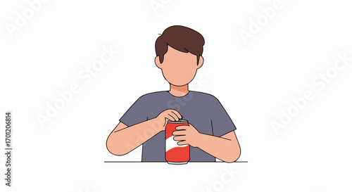 Cartoon character opening a refreshing soda drink can on a white background, simple flat vector illustration.