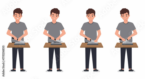 Illustration set of a young man sharpening a kitchen knife on a whetstone, demonstrating the essential skill for cooking preparation and blade maintenance.