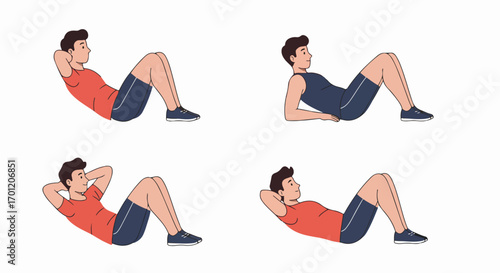 Man Performing Sit-Up Exercise Stages: Fitness Routine for Abdominal Strength and Core Workout, Illustrated Guide