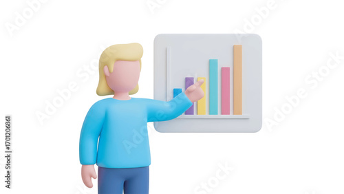 Businesswoman presenting colorful bar chart on whiteboard during office meeting, showcasing positive growth and financial success with optimistic tone.