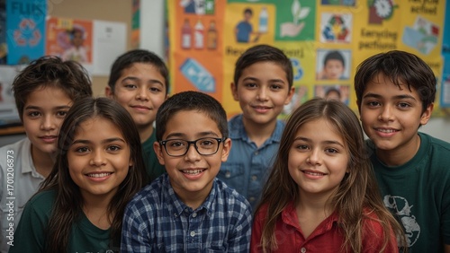 Happy diverse schoolchildren gathered for group portrait in classroom