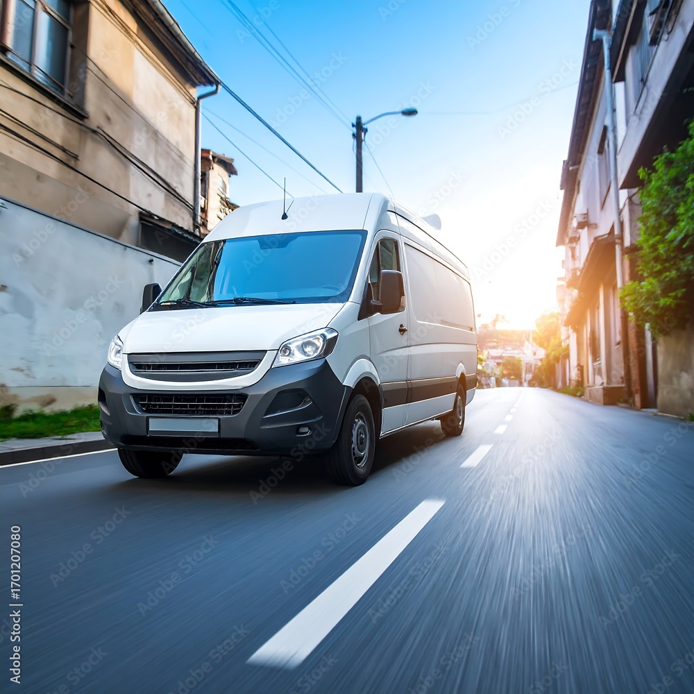 Obraz premium White van driving on city street