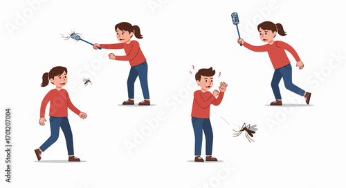 Cartoon illustration of people annoyed by mosquitoes, actively swatting and chasing them with a fly swatter for pest control and prevention.