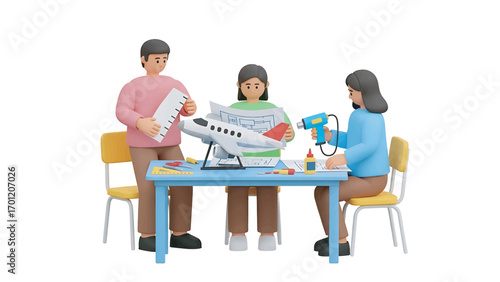 Family builds a model airplane together at a blue table in their home, enjoying a fun and creative activity, fostering togetherness and shared interests.