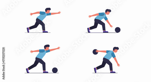 Flat Illustration of a Man Bowling: A Step-by-Step Sequence of the Ball Release and Follow-Through for Sport Recreation.