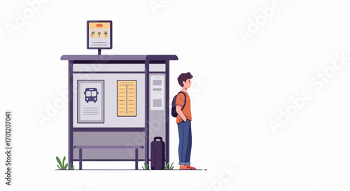 Young man with backpack and luggage waits patiently at a modern bus stop, looking forward to his next journey or daily commute, a minimalist urban scene.