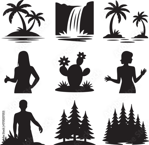 Black and white silhouette icons of people, plants, and tropical nature scenes vector