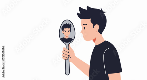 Man looks at his reflection in a spoon, symbolizing self-perception, distorted view, and introspection about identity.