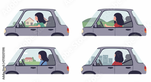 Woman driving through diverse landscapes: rural homes, rolling hills, and a bustling city, representing various commutes and travel experiences.