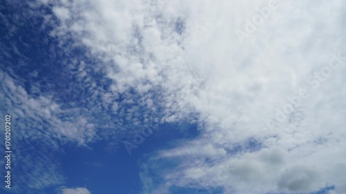 clouds and blue sunny sky,  white clouds over blue sky, Aerial view,  nature, blue sky, white clear weather. Time-lapse video 4 K.
