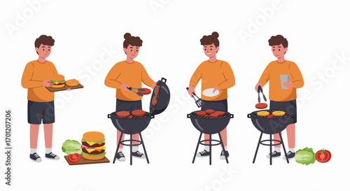 Stages of preparing a backyard burger BBQ: from grilling patties to serving a fresh, stacked hamburger.