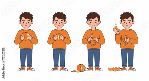 A boy's journey of peeling an orange: from struggling by hand to using a knife for a happy, successful outcome, illustrating effort and reward.