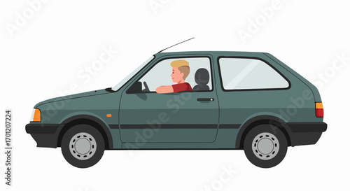 Young man driving a compact green hatchback car in a flat, modern illustration style. Side view against a clean white background, depicting everyday travel and personal transportation.