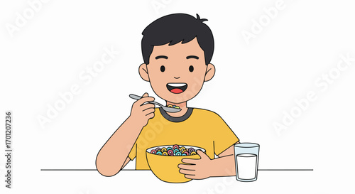 Smiling boy happily eats a bowl of colorful cereal with a spoon, alongside a glass of milk, for a joyful and nutritious breakfast.