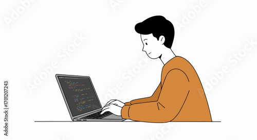 Young developer coding on laptop. Illustration of a programmer or software engineer focused on writing code for web development and technology.
