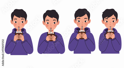 Cozy moment: Young man in purple hoodie sips hot chocolate with marshmallows from a mug, an adorable flat design illustration.