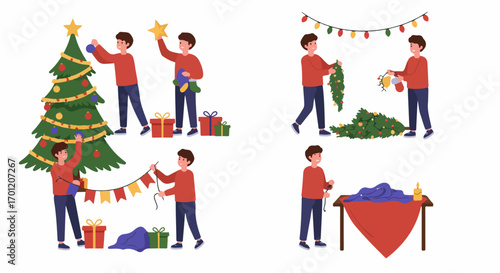 Christmas Holiday Activities: Man Decorating Tree, Hanging Lights, and Tidying Up Festive Decorations.