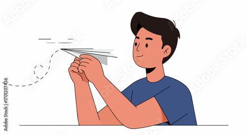 Young man launching a paper airplane with a joyful expression, symbolizing new ideas, communication, and creative aspirations.