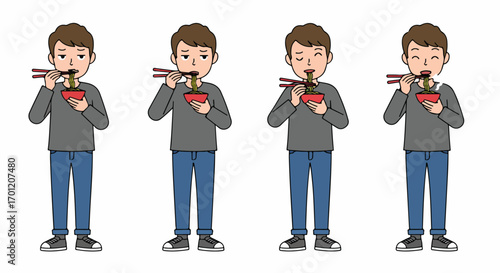 A man demonstrates varying facial expressions, from initial dislike to ultimate enjoyment, while eating noodles with chopsticks from a red bowl.