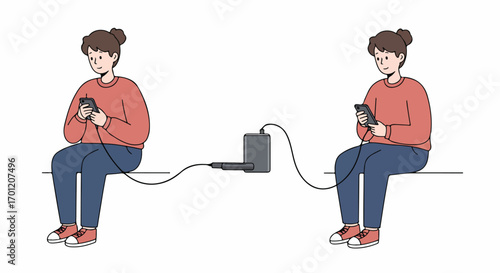 Two individuals sharing power from a portable charger to energize their smartphones, illustrating modern connectivity and reliance on mobile devices.