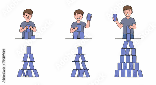 Young boy building a stable pyramid structure with rectangular blocks, illustrating progress, development, and achievement, step-by-step.