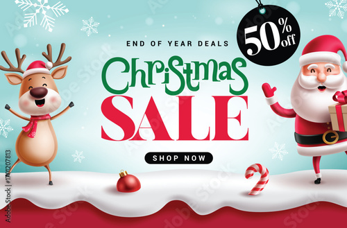 Christmas Sale clipart card design. Christmas Sale 50% off discount banner card template clip art with cute reindeer and Santa Claus character in happy, waving and friendly smiling in snow winter