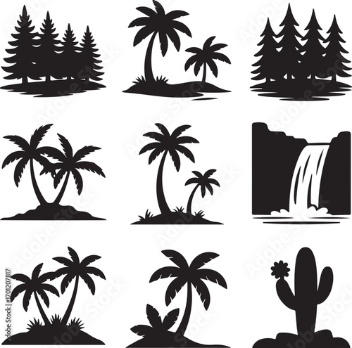 Silhouette Collection Of Tropical And Forest Landscapes trees pine trees