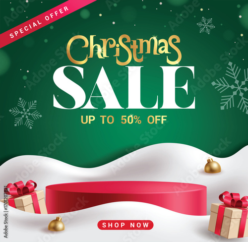 Christmas Sale poster clipart design. Christmas Sale typography text clipart special offer discount with red podium stage, gift box and balls in snow green background for Christmas banner card