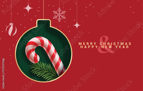 Merry Christmas red greeting card clipart background. Xmas balls paper cut decoration elements in elegant red background for holiday seasonal card template clip art design vector illustration.