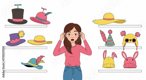 Young woman overwhelmed by an abundant selection of diverse hats, struggling with too many choices for her personal style.