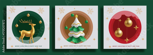 Merry Christmas greeting card clipart set. Merry Christmas and Happy new year card template clip art with reindeer, elegant pine tree, hanging Xmas balls and stars in colorful paper cut design