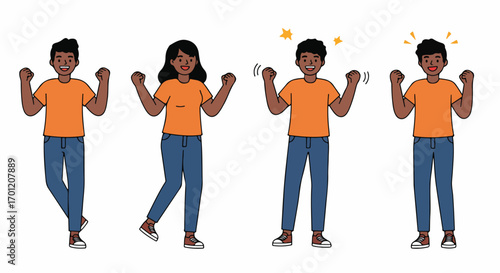 Happy young Black people celebrating success with joyful expressions and raised fists, cartoon illustration set depicting achievement and victory.