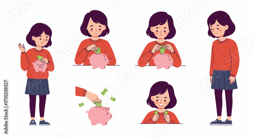 A young girl's financial journey: saving, earning, and managing money with a piggy bank, illustrating concepts of wealth and personal finance.
