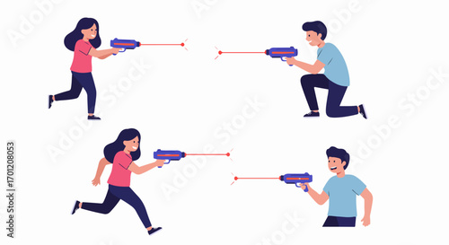 People playing laser tag game, having fun and aiming laser guns in different action poses for entertainment and competition.
