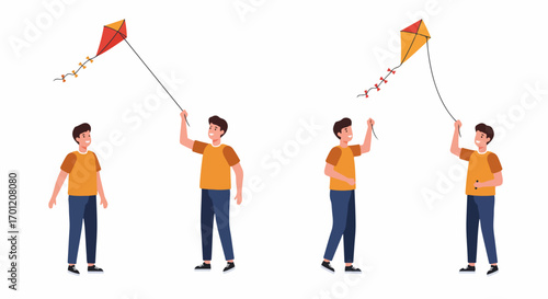 Joyful Young Man Flying a Red and Orange Kite, Engaging in Outdoor Fun and Childhood Recreation.