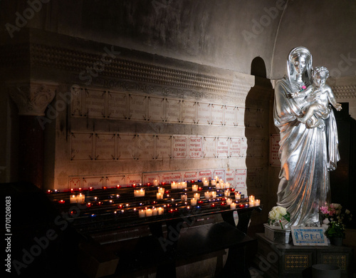 Silver Virgin Mary and Child statue with candles, Notre-Dame de la Garde, Marseille