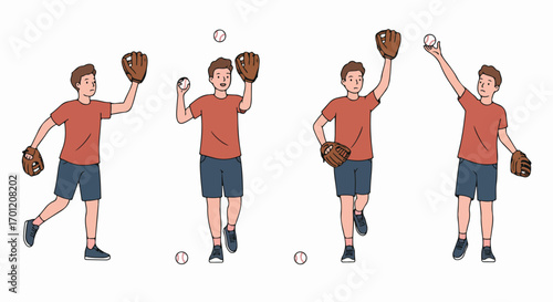 Young man in an illustrated sequence demonstrating various baseball techniques, including catching and throwing, with glove and ball.