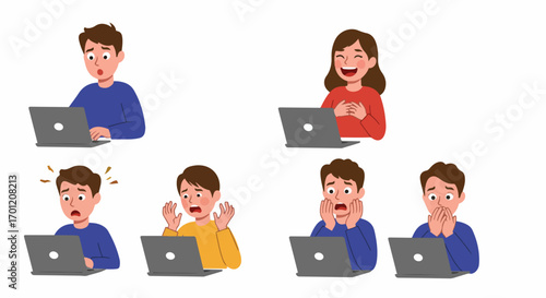 Diverse Emotional Responses to Online Content: Surprised, Happy, Worried, and Shocked Individuals Using Laptops.