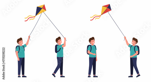 Happy young boy playing with a colorful kite, depicting childhood joy and outdoor recreation. Vector illustration set.