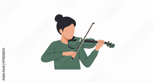 Minimalist illustration of a person with a bun playing a green violin with a bow, depicting music, practice, and classical performance.